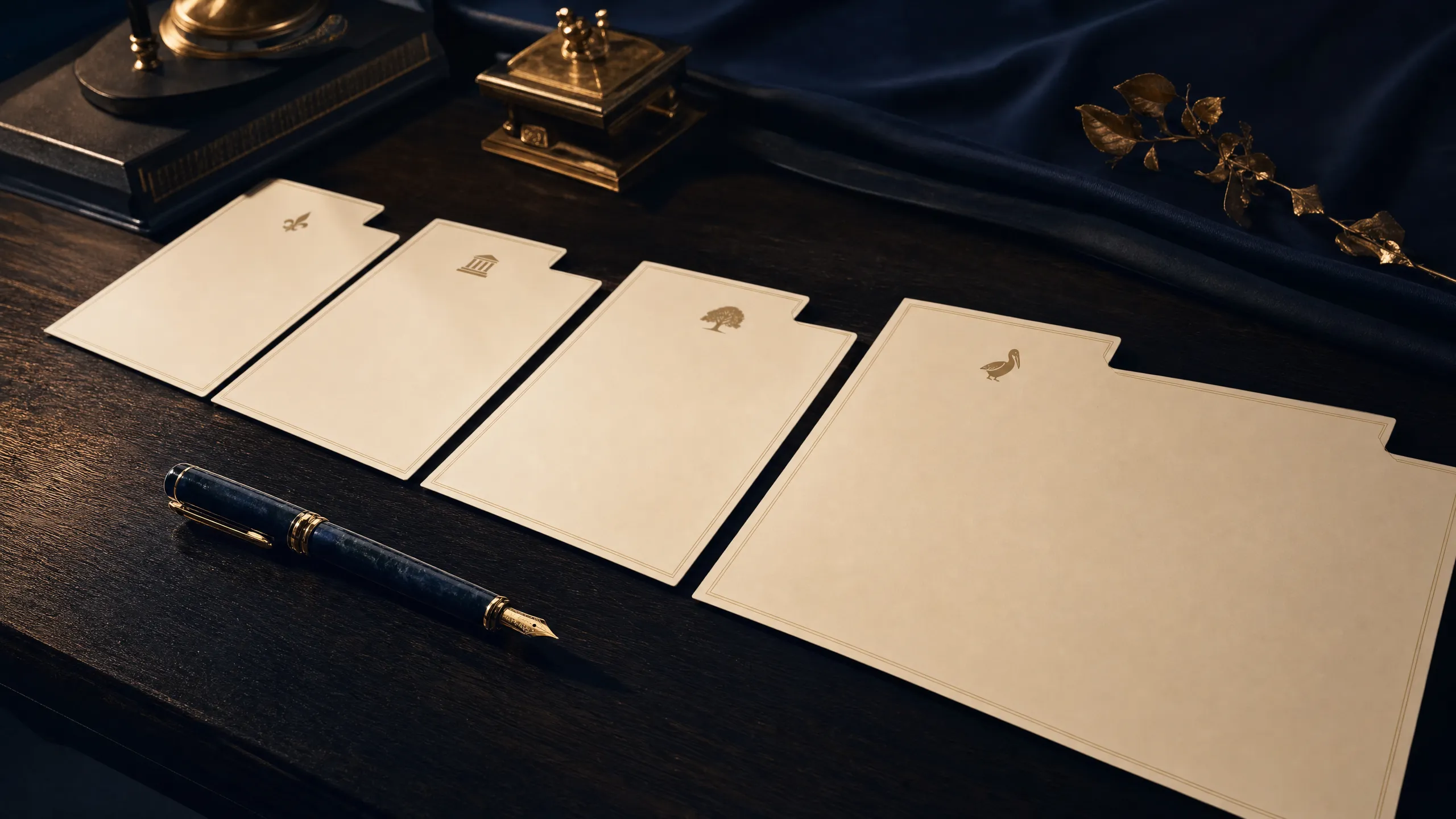 Hand-checked legal checklist with fountain pen and gold scales of justice