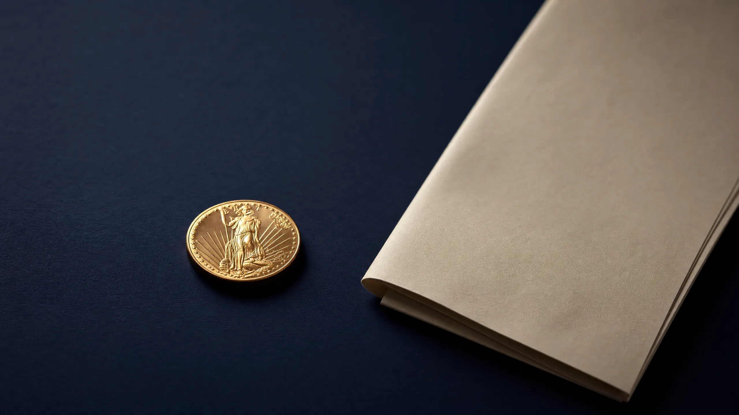 Single Saint-Gaudens gold coin and folded paper on dark navy